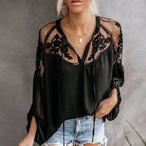 Boho Black Lace Cut Out Mesh Off Shoulder Flowy Long Puff Sleeve Top Blouse